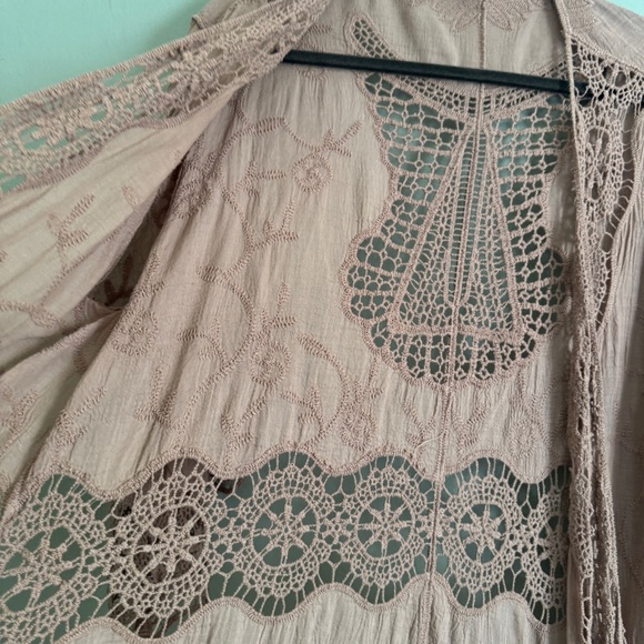 crochet kimono robe taupe tan beige long oversized bell sleeve open medium large - Picture 7 of 14